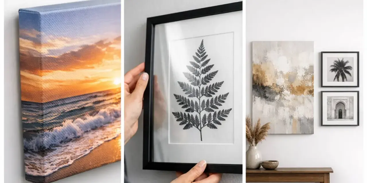 Un lienzo con un atardecer en la playa, una hoja de helecho enmarcada y arte abstracto sobre una mesa.