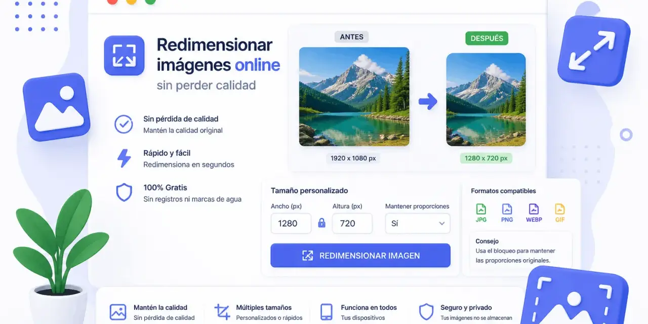 Herramienta para redimensionar foto online sin perder calidad. Muestra antes y después de una imagen de paisaje, con opciones de tamaño y formatos.