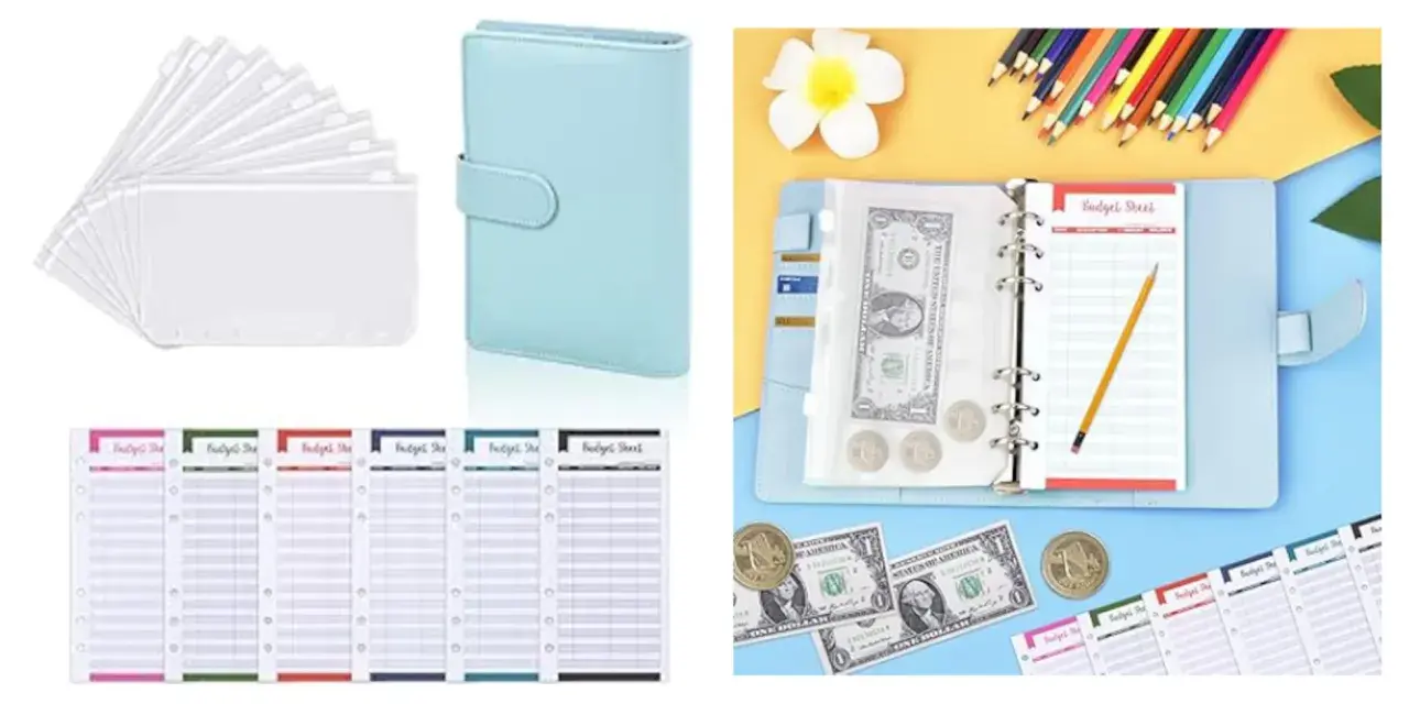 Un organizador de presupuesto azul claro con sobres transparentes y hojas de registro. Ideal para controlar tus finanzas, cada sobre tiene el tamaño perfecto para guardar billetes y monedas.