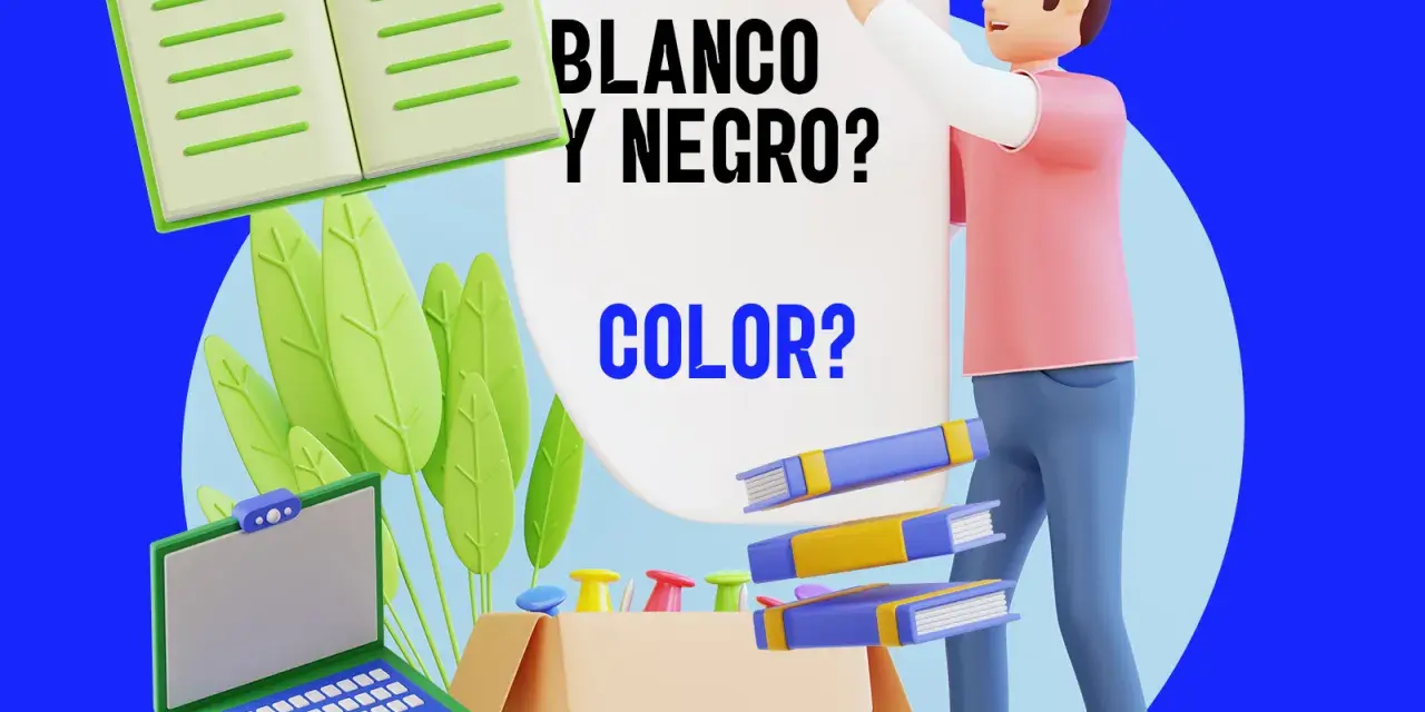 Un hombre con una camisa rosa y pantalones azules sostiene un cartel que dice "BLANCO Y NEGRO? COLOR?". Hay un libro abierto, plantas verdes, un portátil y libros flotando.