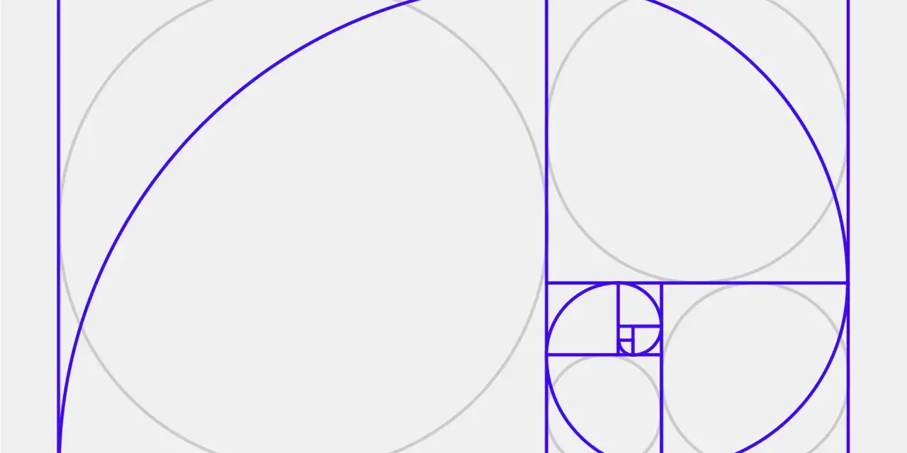 La espiral áurea, que representa el significado de la proporción áurea, se forma con cuadrados que crecen en tamaño.
