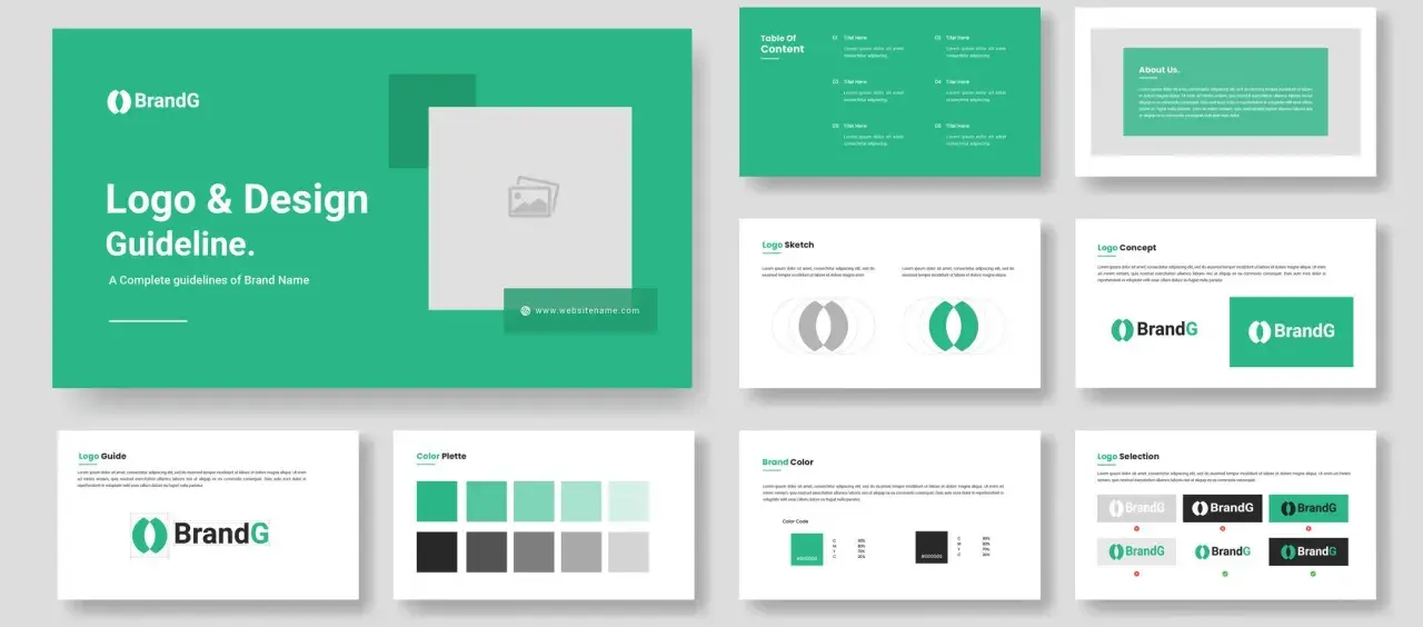 Guía de imagen corporativa de BrandG, mostrando logo, paleta de colores y tipografía.