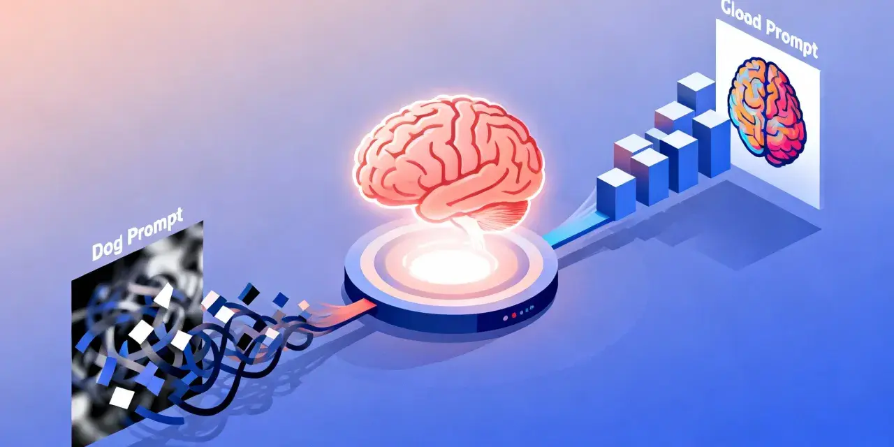Procesamiento de **prompt imagenes**: un cerebro recibe datos caóticos de un "Dog Prompt" y genera un resultado claro en un "Cloud Prompt".