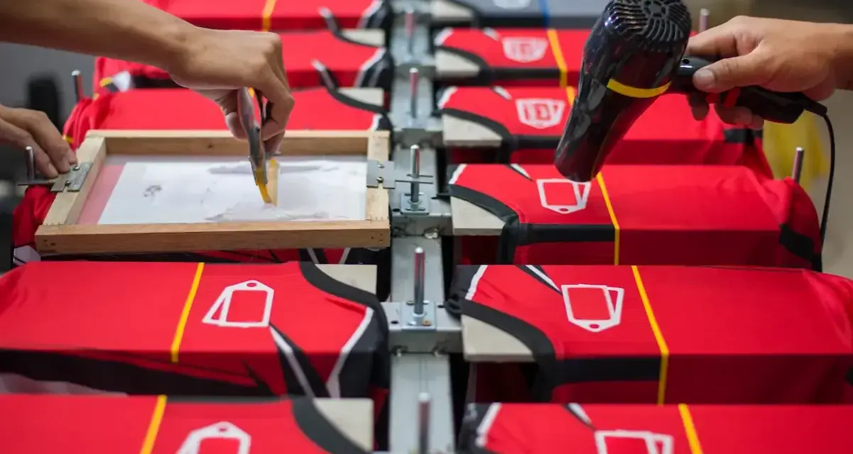 Manos aplicando tinta en un marco para serigrafía proceso sobre camisetas rojas. Otra mano usa secador.