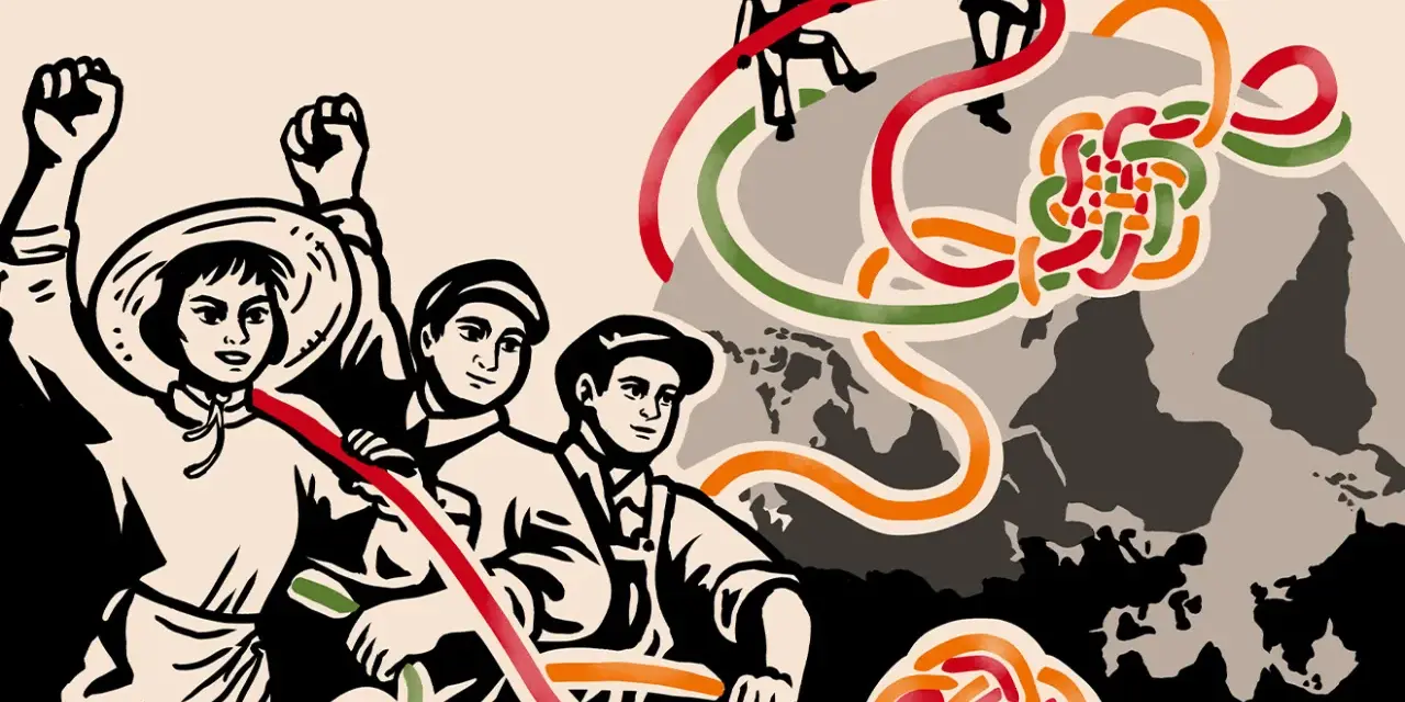 Ilustración de personas uniendo cintas de colores sobre un mapa del mundo, simbolizando la historia del libro y su evolución global.