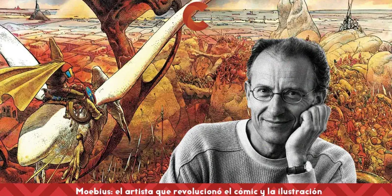 Moebius, el dibujante visionario, sonríe ante su obra: un mundo fantástico con criaturas extrañas y paisajes desérticos.