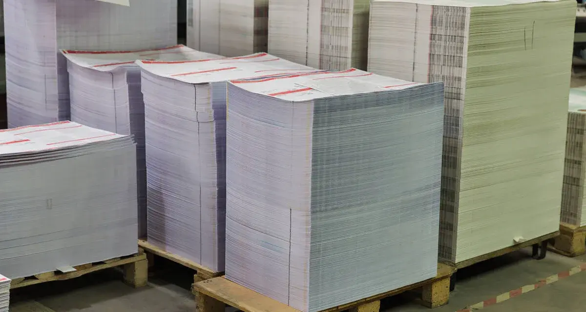 Grandes pilas de papel apiladas en palets, listas para ser impresas. Las medidas folio son evidentes en la cantidad de material.