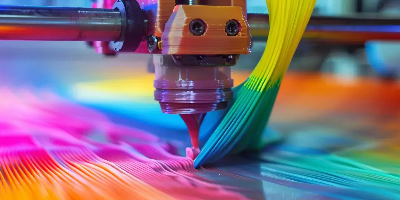 Cabezal de impresora 3D creando una obra de arte vibrante. La **impresión ecológica** se materializa en capas de color que fluyen, un futuro brillante y colorido.