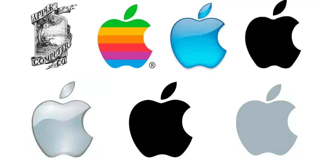 Evolución de los logos Apple: desde el antiguo grabado hasta los modernos diseños monocromáticos y de colores.