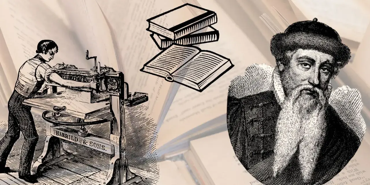 Retrato de Gutenberg, el hombre quien inventó la imprenta, junto a una prensa antigua y libros.