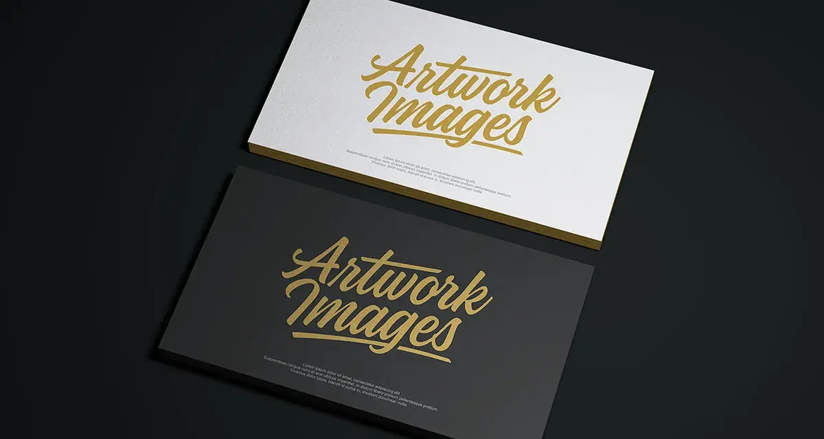 Dos tarjetas de papel apiladas, una blanca y otra negra, con texto dorado "Artwork Images" y texto de relleno.