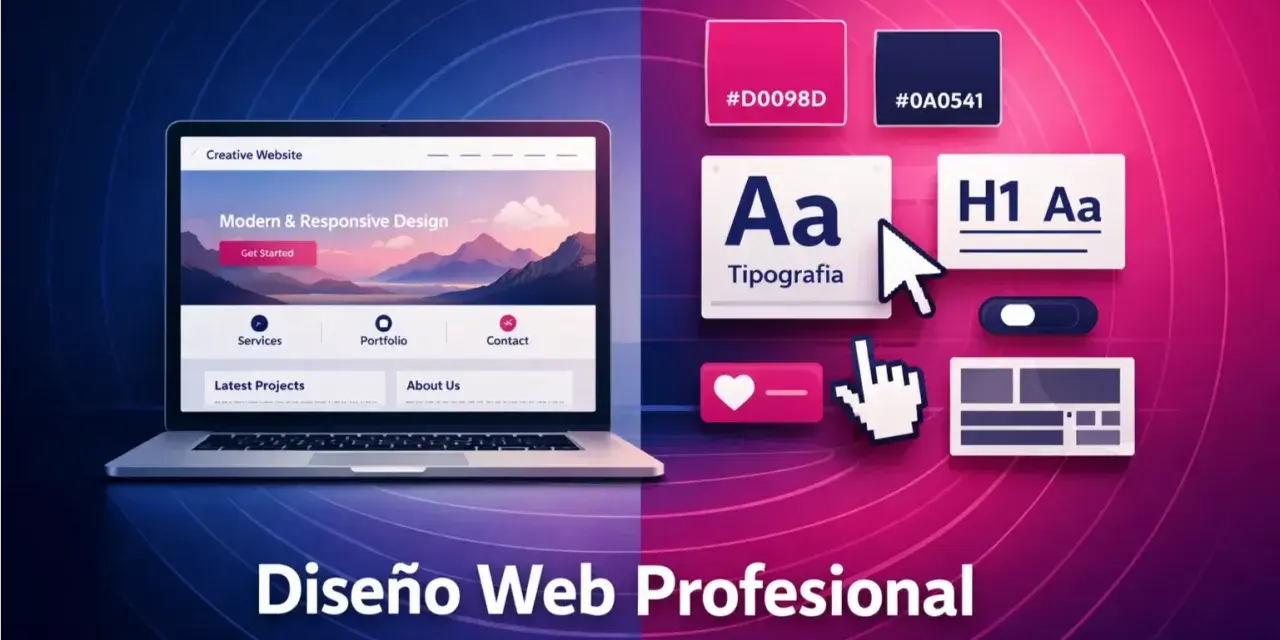Diseño web profesional: laptop con una pagina web bonita, elementos de diseño, tipografía y paletas de colores.