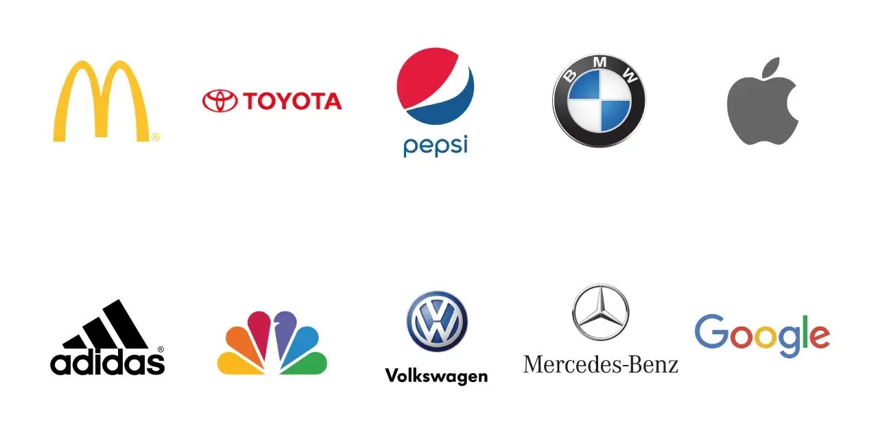 Logos de marcas reconocidas como McDonald's, Toyota, Pepsi, BMW, Apple, Adidas, NBC, Volkswagen, Mercedes-Benz y Google. Ejemplos de imagen corporativa.