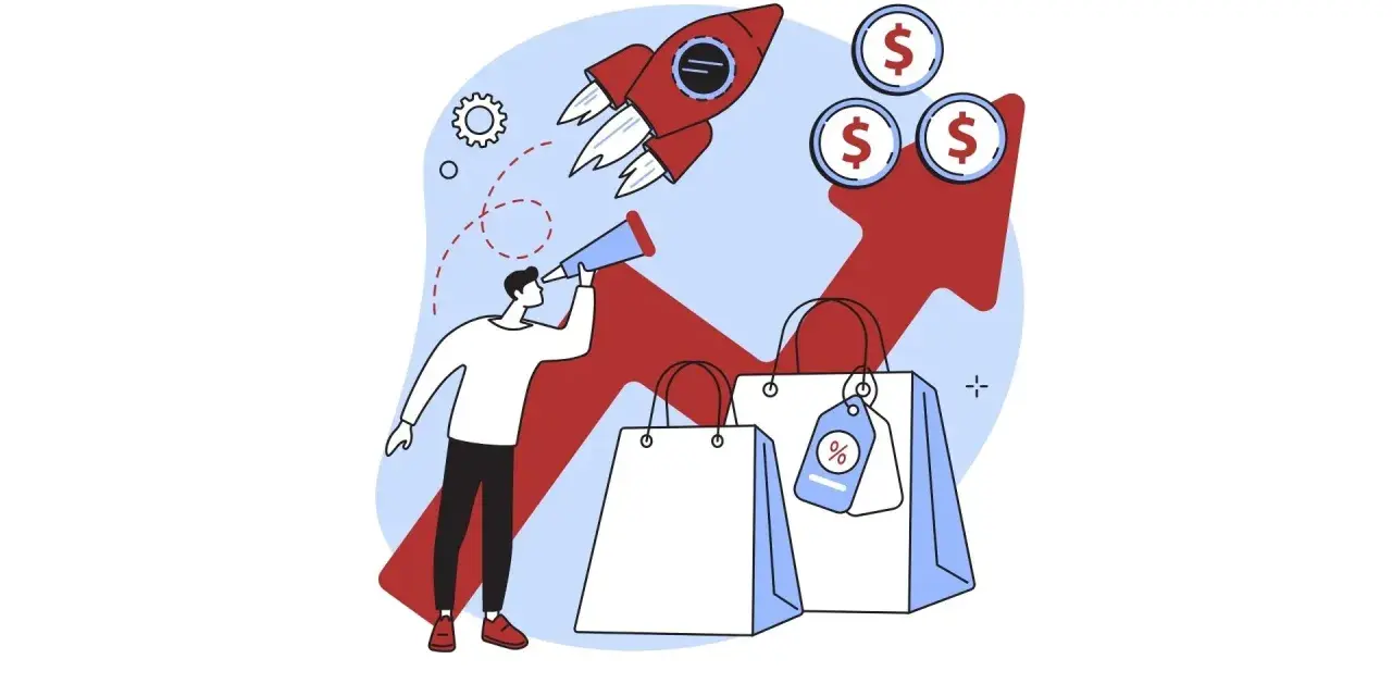 Hombre con catalejo busca oportunidades para la generación leads, con cohete despegando y bolsas de compras.