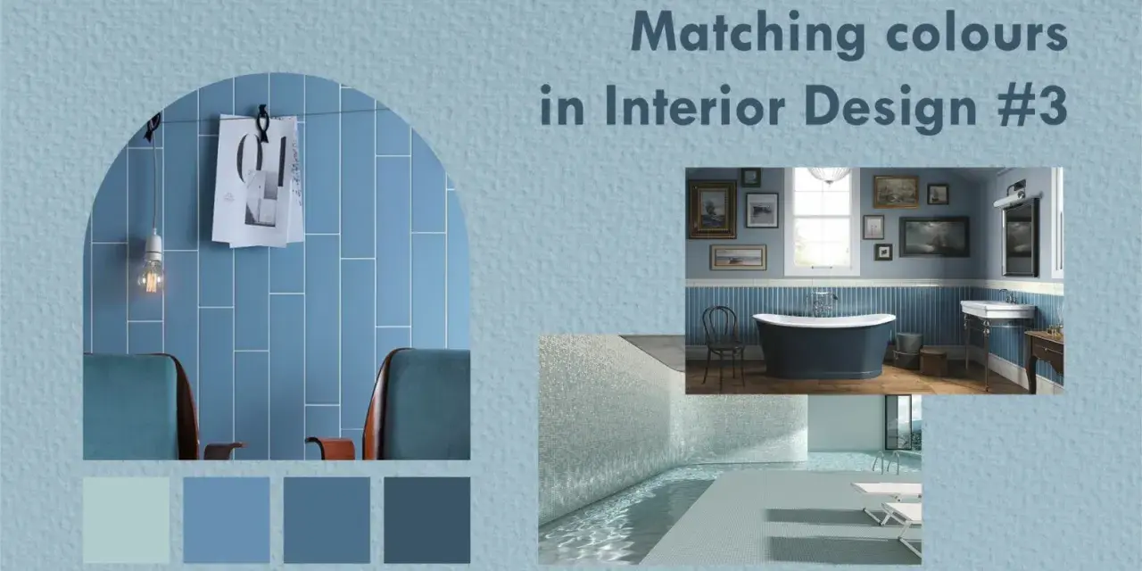 Paleta de colores inspirada en el **color azul** para interiores, mostrando un baño elegante y una piscina moderna.