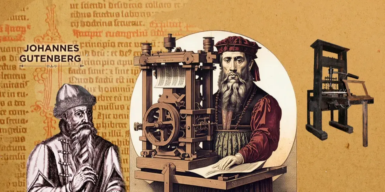 Retrato de Johannes Gutenberg junto a su imprenta, revolucionando la difusión del conocimiento.