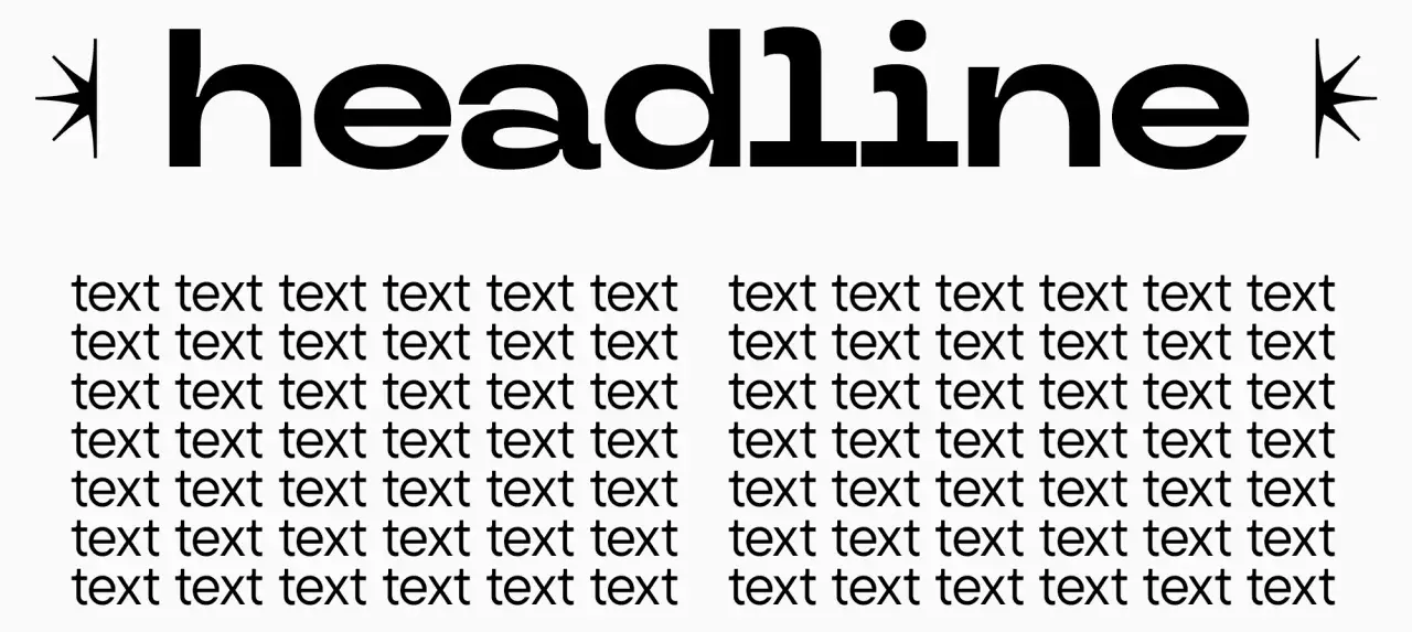 Tipos de letras bonitas para títulos: "headline" en negrita, rodeado de estrellas, y debajo, columnas de texto repetido.