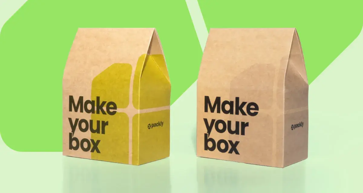 Dos cajas de cartón, una con diseño amarillo y la otra sin, ambas con el lema "Make your box".