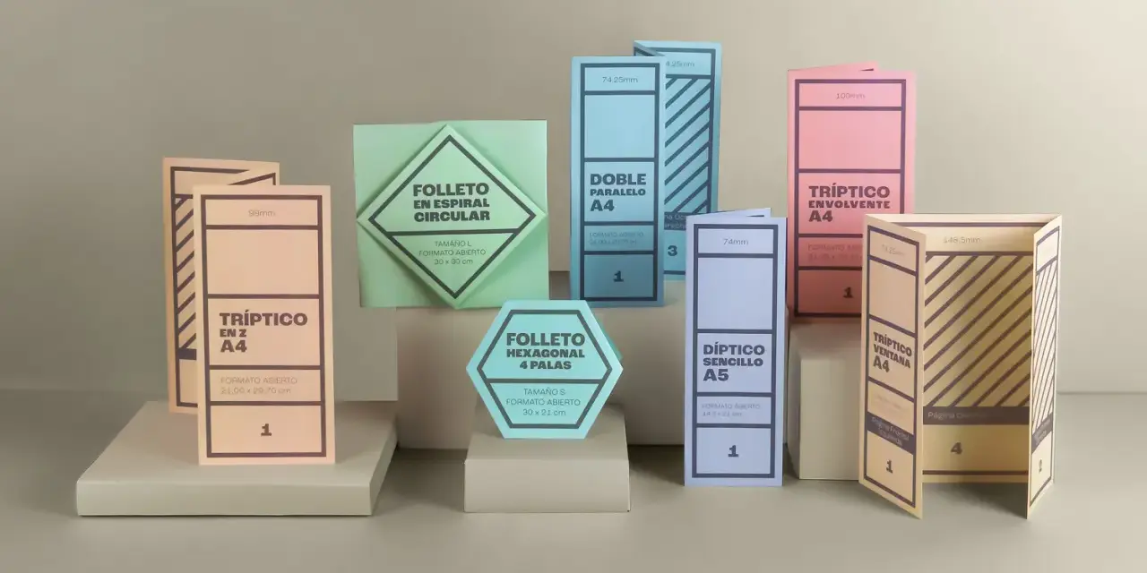 Varios folletos y dípticos de diferentes formas y colores, algunos abiertos y otros cerrados.