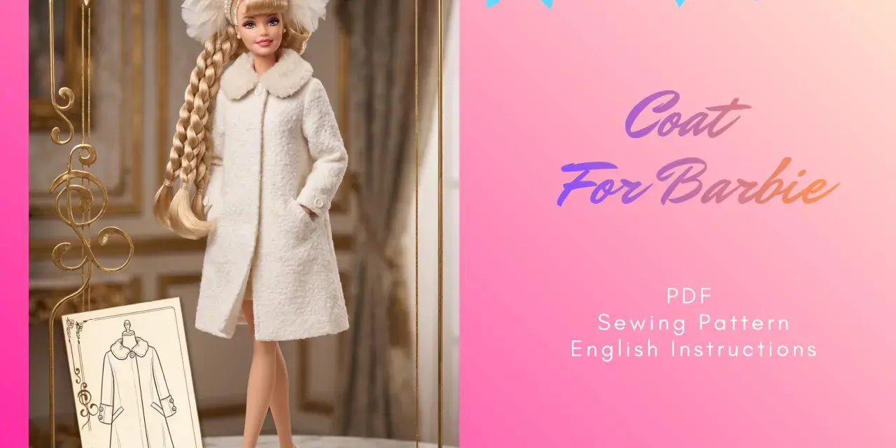 Barbie con abrigo blanco y tocado de plumas, junto a un patrón de costura. ¡Un look digno de la Barbie más glamurosa, con un toque de color rosa barbie en el fondo!