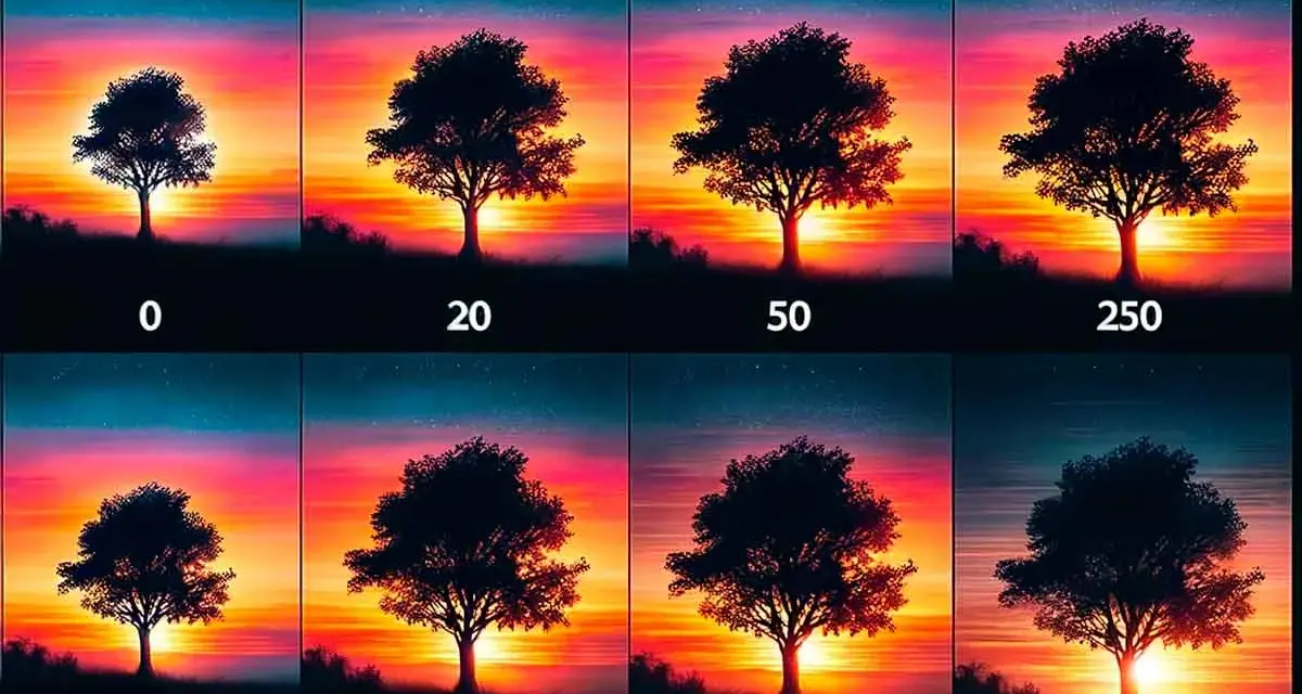 Ocho imágenes de un árbol solitario al atardecer, cada una con un número diferente debajo, mostrando cómo cambia la **resolución** de la imagen.