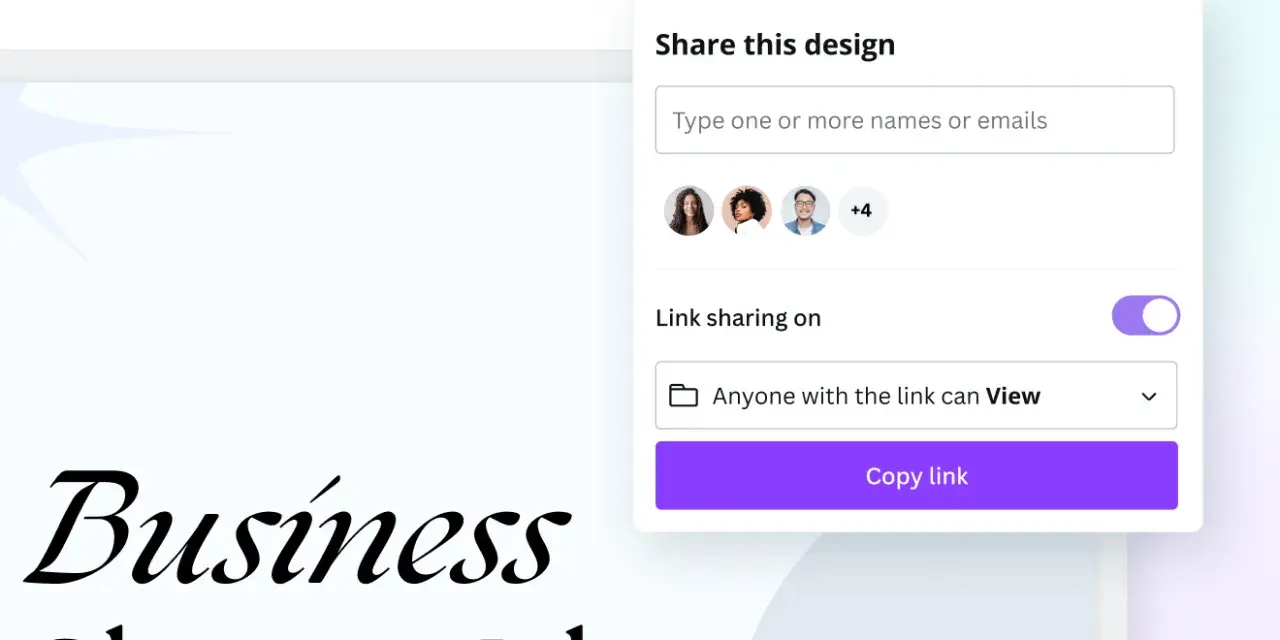 Compartiendo ideas para un eslogan publicitario. Se muestra una ventana para compartir un diseño, con opciones para invitar colaboradores y copiar un enlace.