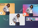 Proceso para eliminar fondo de imagen: antes, después y opciones de fondo.
