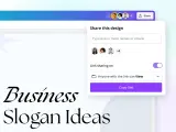 Compartiendo ideas para un eslogan publicitario. Se muestra una ventana para compartir un diseño, con opciones para invitar colaboradores y copiar un enlace.