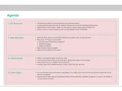 Agenda corporativa detallando puntos de negocio antiguo y nuevo, acciones y próximos pasos.