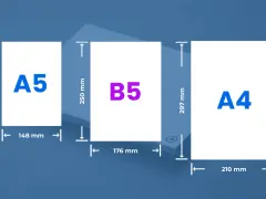 Comparativa de tamaños de papel: A5 (14.8x21 cm), B5 (17.6x25 cm) y A4 (21x29.7 cm). El tamaño JIS B5 en cm es 17.6 x 25.