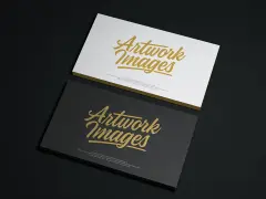 Dos tarjetas de papel apiladas, una blanca y otra negra, con texto dorado "Artwork Images" y texto de relleno.