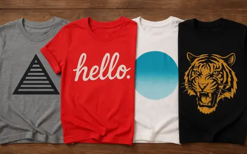Cuatro camisetas con diseños variados: pirámide, "hello", círculo degradado y tigre. Ideas para como diseñar una camiseta.