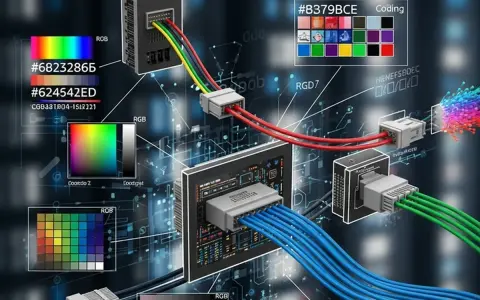 Diagrama de conexiones con cables de colores (rojo, verde, azul) y paletas de **color RGB**. Muestra la codificación de colores y la transmisión de datos.