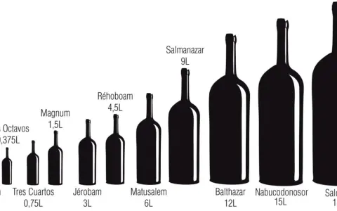 Siluetas de botellas de vino de diferentes tamaños, desde Benjamín (0,18L) hasta Salomón (18L), mostrando las medidas de etiqueta de vino.