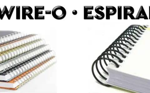Apilamiento de cuadernos con encuadernación wire-o y un primer plano de un cuaderno con espiral negro.