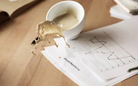 Café derramado sobre un gráfico de "Accounting period". El líquido, con un acabado glasofonado mate, salpica sobre el papel y la mesa de madera.