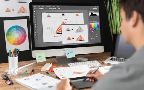Diseñador trabajando en un programa de diseño gráfico gratis, creando un logo. Se ven bocetos, paleta de colores y notas.