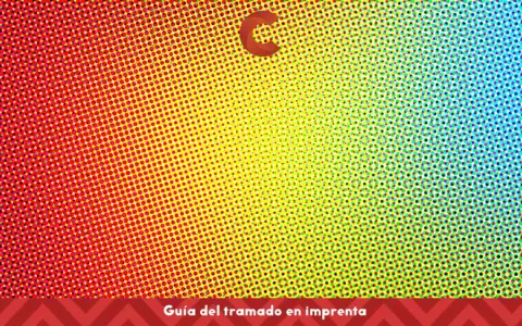 Fondo degradado de puntos rojos, amarillos y azules. Una "C" naranja flota en el centro. Guía del **trama**do en imprenta.