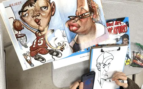 Un libro muestra qué es una caricatura con dibujos exagerados de un jugador de baloncesto y una mujer. Alguien dibuja otra caricatura.