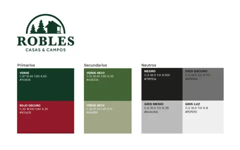 Paleta de colores de "Robles Casas & Campos". El verde, que significa naturaleza y tranquilidad, se presenta en tonos primarios y secundarios.