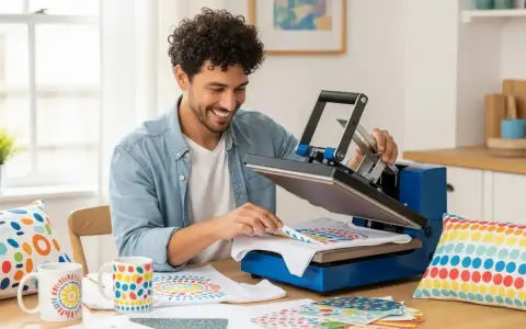 Hombre sonriente usando una plancha de calor para un ejemplo de sublimación en una camiseta. Hay tazas y cojines con diseños coloridos.