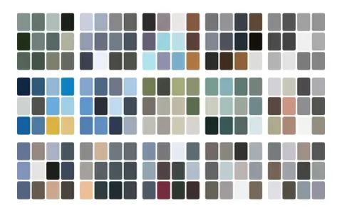 Paleta de colores que evoca los tonos fríos y serenos de los colores invierno, con azules, grises y verdes apagados.