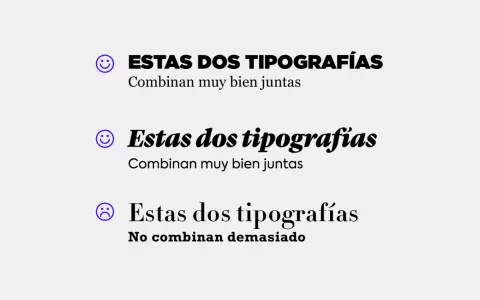Ejemplos de combinaciones tipográficas: una con cara sonriente y texto en mayúsculas, otra con cara sonriente y texto en cursiva, y una última con cara triste y texto en cursiva, mostrando un posible error tipográfico.