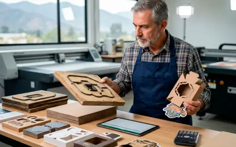 Hombre con delantal revisa un troquel de madera, herramienta esencial para cortar cartón y crear empaques.
