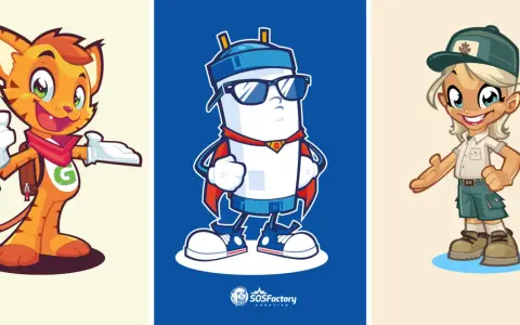 Tres mascotas de marcas: un gato naranja con mochila, un personaje blanco con capa y gafas de sol, y una niña exploradora.