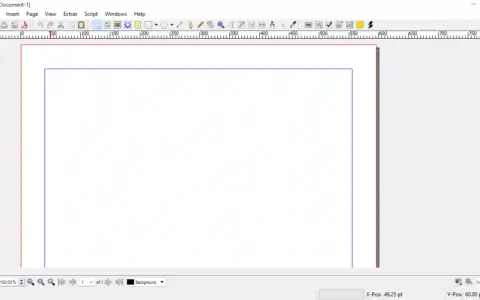 Interfaz de Scribus, un programa de maquetación similar a InDesign gratis, mostrando reglas y un área de trabajo con guías.