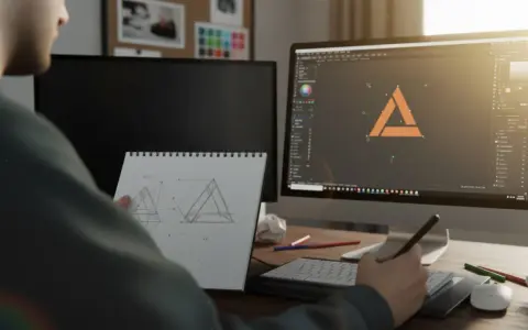 Diseñador gráfico esboza ideas en cuaderno y crea un logo en su computadora. Un buen lugar donde estudiar diseño gráfico.