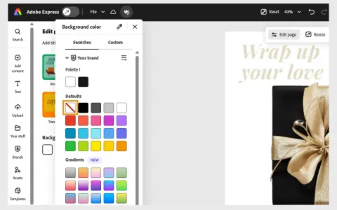 Interfaz de Adobe Express para quitar fondo, mostrando opciones de color de fondo y una imagen de regalo.