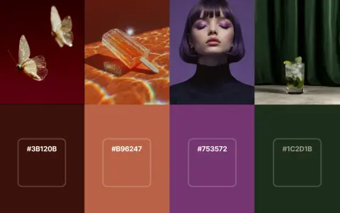 Paleta de colores inspirada en mariposas, un helado naranja, una modelo con maquillaje morado y un mojito, evocando los colores de la navidad.