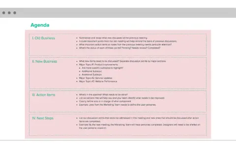 Agenda corporativa detallando puntos de negocio antiguo y nuevo, acciones y próximos pasos.